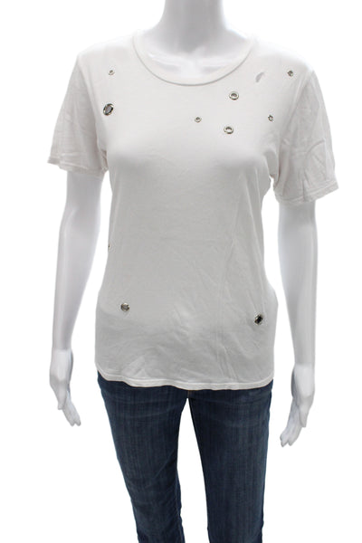 Michael Lauren Women White Cotton Basic T-Shirt Round Neck Short Sleeve Size M