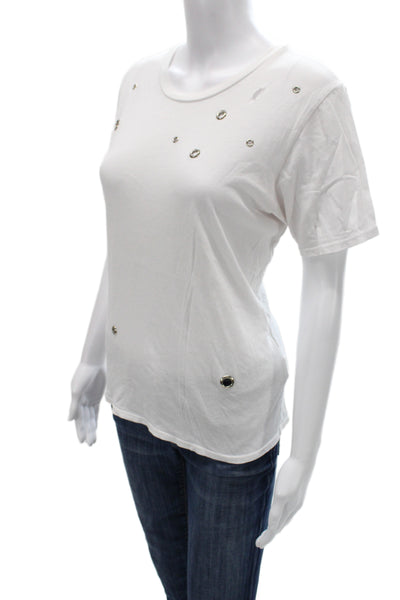 Michael Lauren Women White Cotton Basic T-Shirt Round Neck Short Sleeve Size M