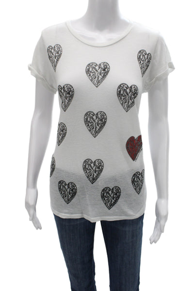Lauren Moshi Womens White Heart Graphic Jersey T Shirt Short Sleeve Size S