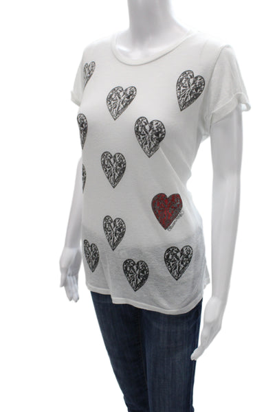 Lauren Moshi Womens White Heart Graphic Jersey T Shirt Short Sleeve Size S