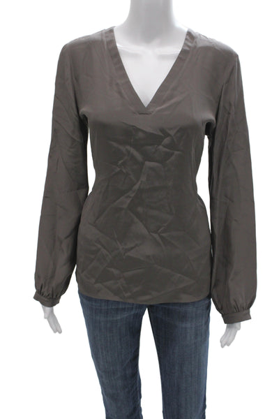 Amanda Uprichard Womens Silk V Neck Long Sleeve Blouse Gray Size M
