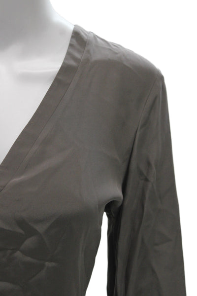 Amanda Uprichard Womens Silk V Neck Long Sleeve Blouse Gray Size M
