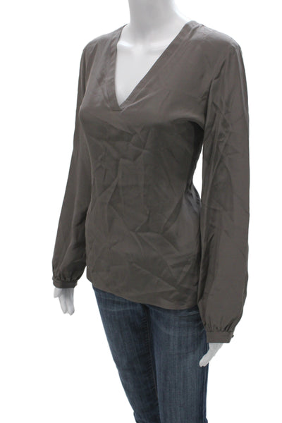 Amanda Uprichard Womens Silk V Neck Long Sleeve Blouse Gray Size M