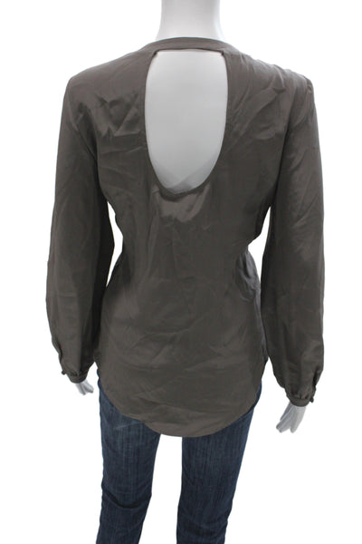 Amanda Uprichard Womens Silk V Neck Long Sleeve Blouse Gray Size M