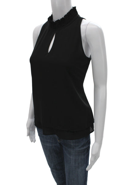 Veronica M Women Black Silk Mock Neck Sleeveless Tank Button Closure Size XS