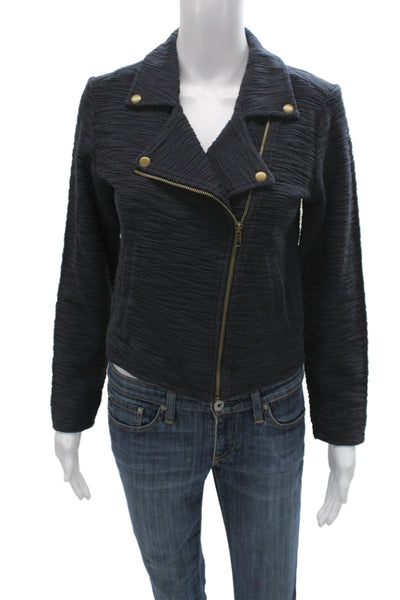 Lilla P Women Biker Motorcycle Jacket Black Cotton Collared Button Size S