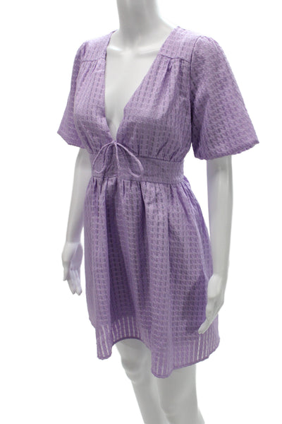 Hello Molly Women Fit & Flare Mini Dress Purple V-Neck Short Sleeve Size L