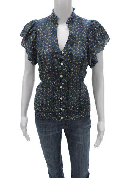 Birds of Paradis by Trovata Women Dark Blue Floral Button Up Blouse Size XS