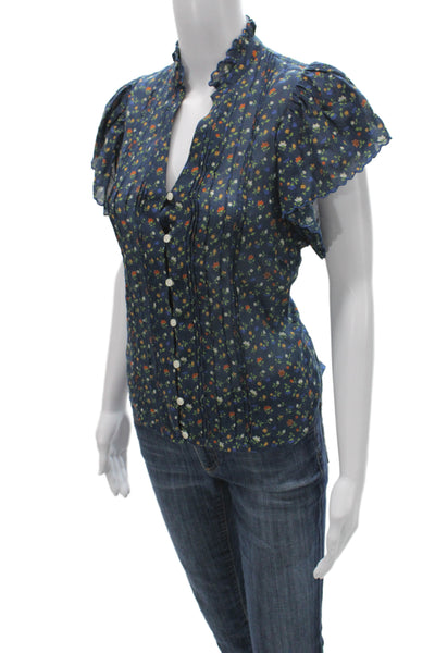 Birds of Paradis by Trovata Women Dark Blue Floral Button Up Blouse Size XS