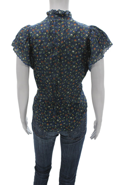Birds of Paradis by Trovata Women Dark Blue Floral Button Up Blouse Size XS