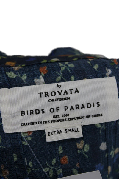 Birds of Paradis by Trovata Women Dark Blue Floral Button Up Blouse Size XS
