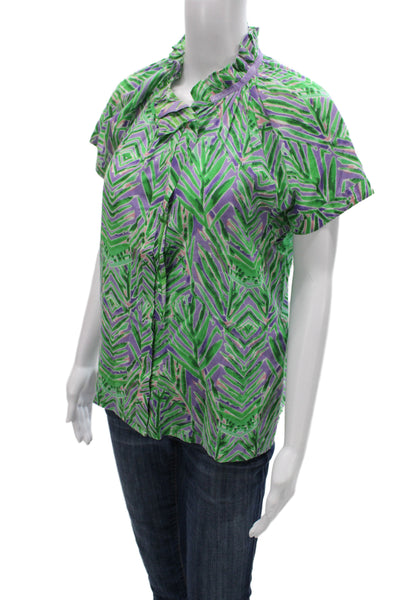 Stark Women High Neck Short Sleeve Cotton Blouse Green Nature Size XS