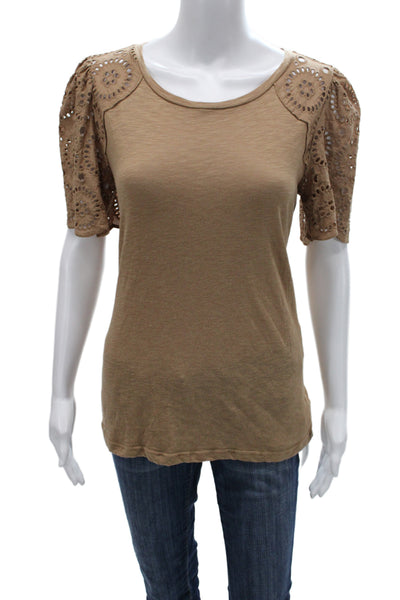 T Tahari Women Brown Bohemian Round Neck Short Sleeve T-Shirt Size M