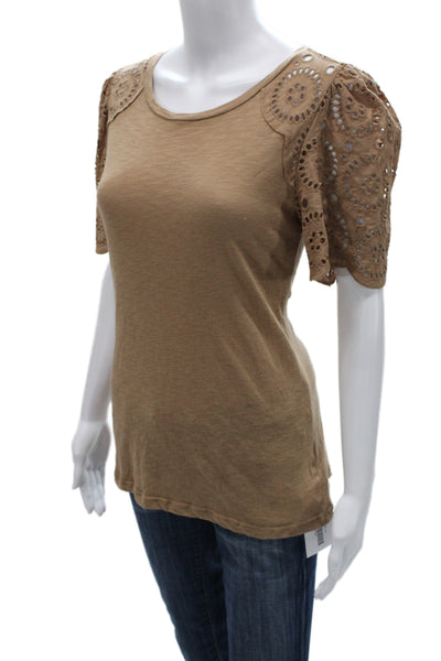 T Tahari Women Brown Bohemian Round Neck Short Sleeve T-Shirt Size M