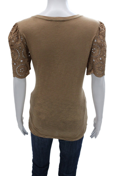 T Tahari Women Brown Bohemian Round Neck Short Sleeve T-Shirt Size M