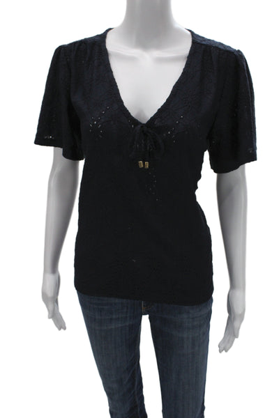 Michael Michael Kors Women Black V-Neck Short Sleeve Drawstring Blouse Size L