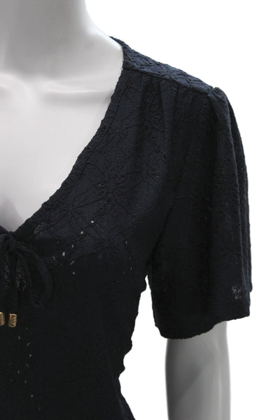 Michael Michael Kors Women Black V-Neck Short Sleeve Drawstring Blouse Size L
