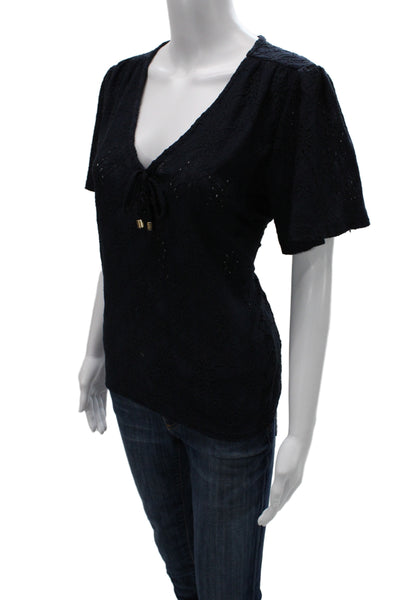Michael Michael Kors Women Black V-Neck Short Sleeve Drawstring Blouse Size L