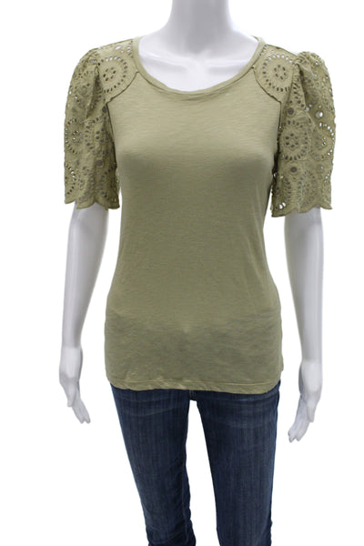 T Tahari Womens Green Boho Solid Round Neck Short Sleeve T-Shirt Size M