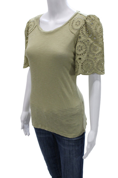 T Tahari Womens Green Boho Solid Round Neck Short Sleeve T-Shirt Size M