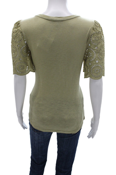 T Tahari Womens Green Boho Solid Round Neck Short Sleeve T-Shirt Size M