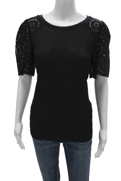 T Tahari Women T-Shirt Black Crew Neck Short Sleeve Boho Size L