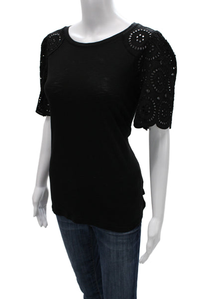 T Tahari Women T-Shirt Black Crew Neck Short Sleeve Boho Size L