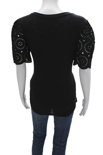 T Tahari Women T-Shirt Black Crew Neck Short Sleeve Boho Size L
