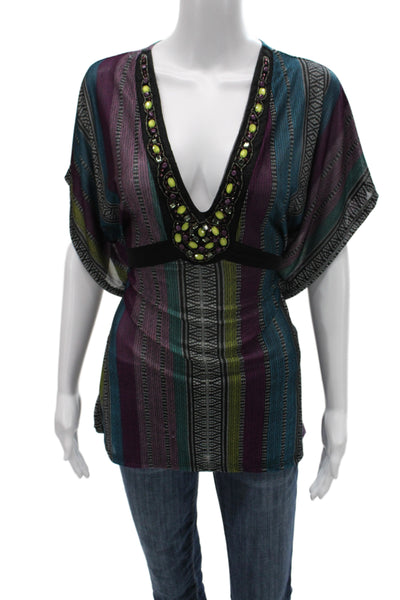 Romeo + Juliet Couture Women Kimono Tunic Blouse Black Striped V-Neck Size M