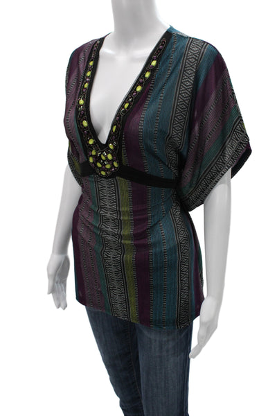 Romeo + Juliet Couture Women Kimono Tunic Blouse Black Striped V-Neck Size M