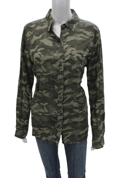 Beach Lunch Lounge Women Silk Camouflage Button Up Top Long Sleeve Size M