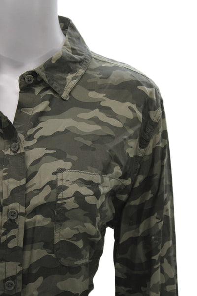 Beach Lunch Lounge Women Silk Camouflage Button Up Top Long Sleeve Size M