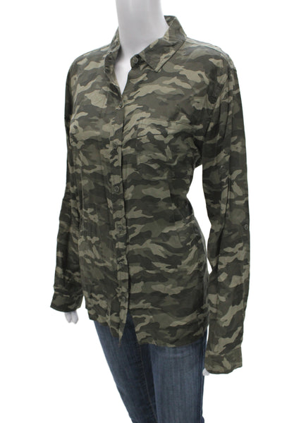 Beach Lunch Lounge Women Silk Camouflage Button Up Top Long Sleeve Size M
