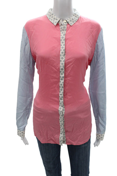 Pink Womens Silk Polka Dot Button-Up Blouse Long Sleeve Size 14
