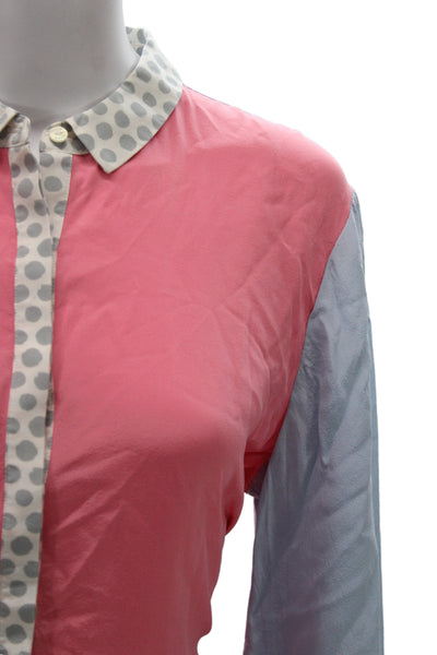Pink Womens Silk Polka Dot Button-Up Blouse Long Sleeve Size 14