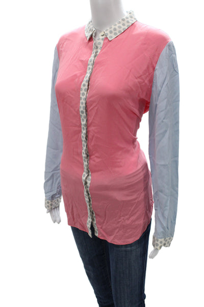Pink Womens Silk Polka Dot Button-Up Blouse Long Sleeve Size 14