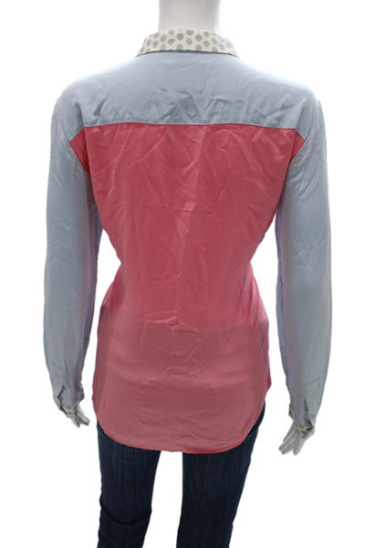 Pink Womens Silk Polka Dot Button-Up Blouse Long Sleeve Size 14