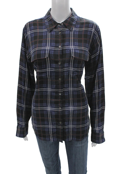 Equipment Femme Women Black Silk Plaid Collared Button-Up Long Sleeve Size L