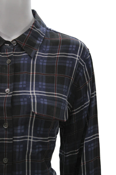 Equipment Femme Women Black Silk Plaid Collared Button-Up Long Sleeve Size L