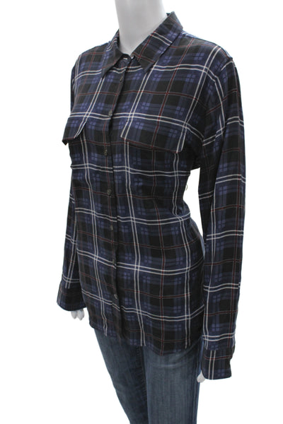 Equipment Femme Women Black Silk Plaid Collared Button-Up Long Sleeve Size L