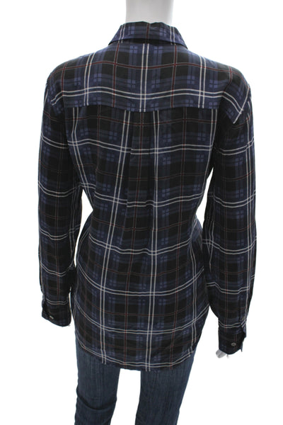 Equipment Femme Women Black Silk Plaid Collared Button-Up Long Sleeve Size L