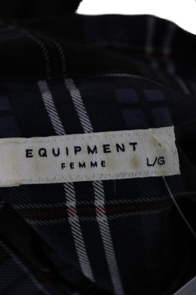 Equipment Femme Women Black Silk Plaid Collared Button-Up Long Sleeve Size L