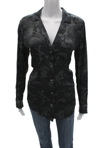 Equipment Femme Women Black Silk Camouflage Button-Up Blouse Long Sleeve Size M