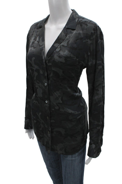 Equipment Femme Women Black Silk Camouflage Button-Up Blouse Long Sleeve Size M