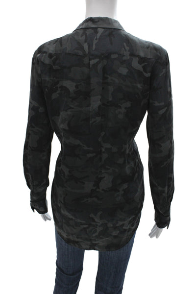 Equipment Femme Women Black Silk Camouflage Button-Up Blouse Long Sleeve Size M