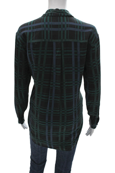 Equipment Femme Women Tunic Button Up Black Silk Plaid Long Sleeve Size XS
