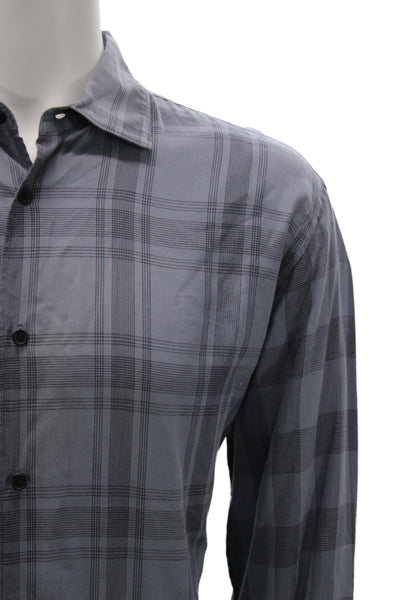 Vince Mens Plaid Cotton Button Up Point Long Sleeve Gray Size XL