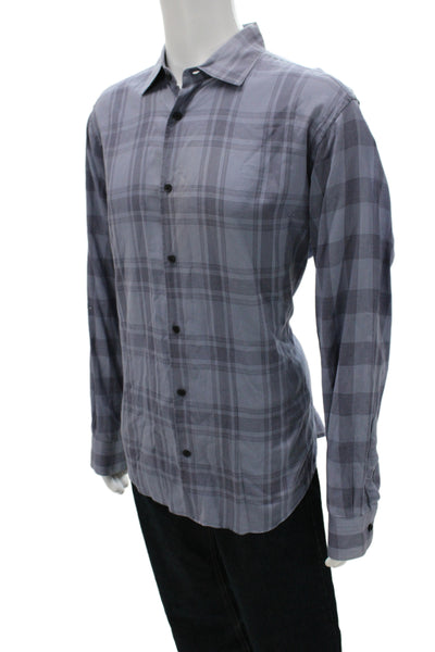 Vince Mens Plaid Cotton Button Up Point Long Sleeve Gray Size XL