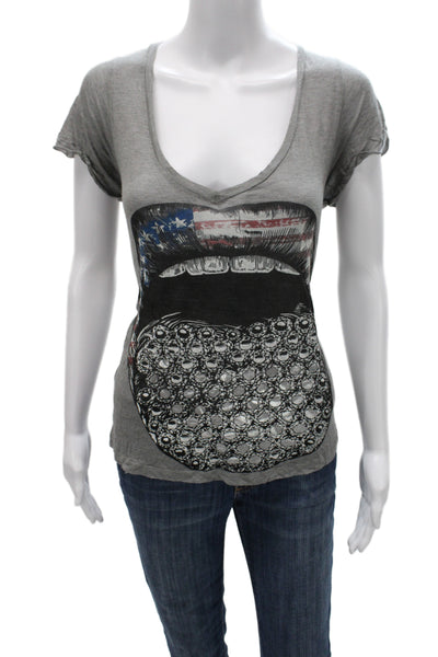 Lauren Moshi Womens Gray V-Neck Graphic Cotton Short Sleeve T-Shirt Size S