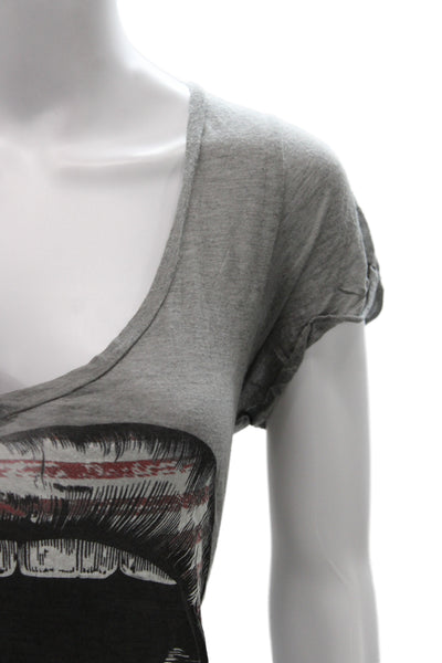 Lauren Moshi Womens Gray V-Neck Graphic Cotton Short Sleeve T-Shirt Size S